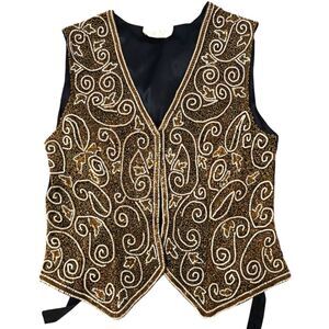 Vintage Cache Beaded Vest in Black and Gold Sz M